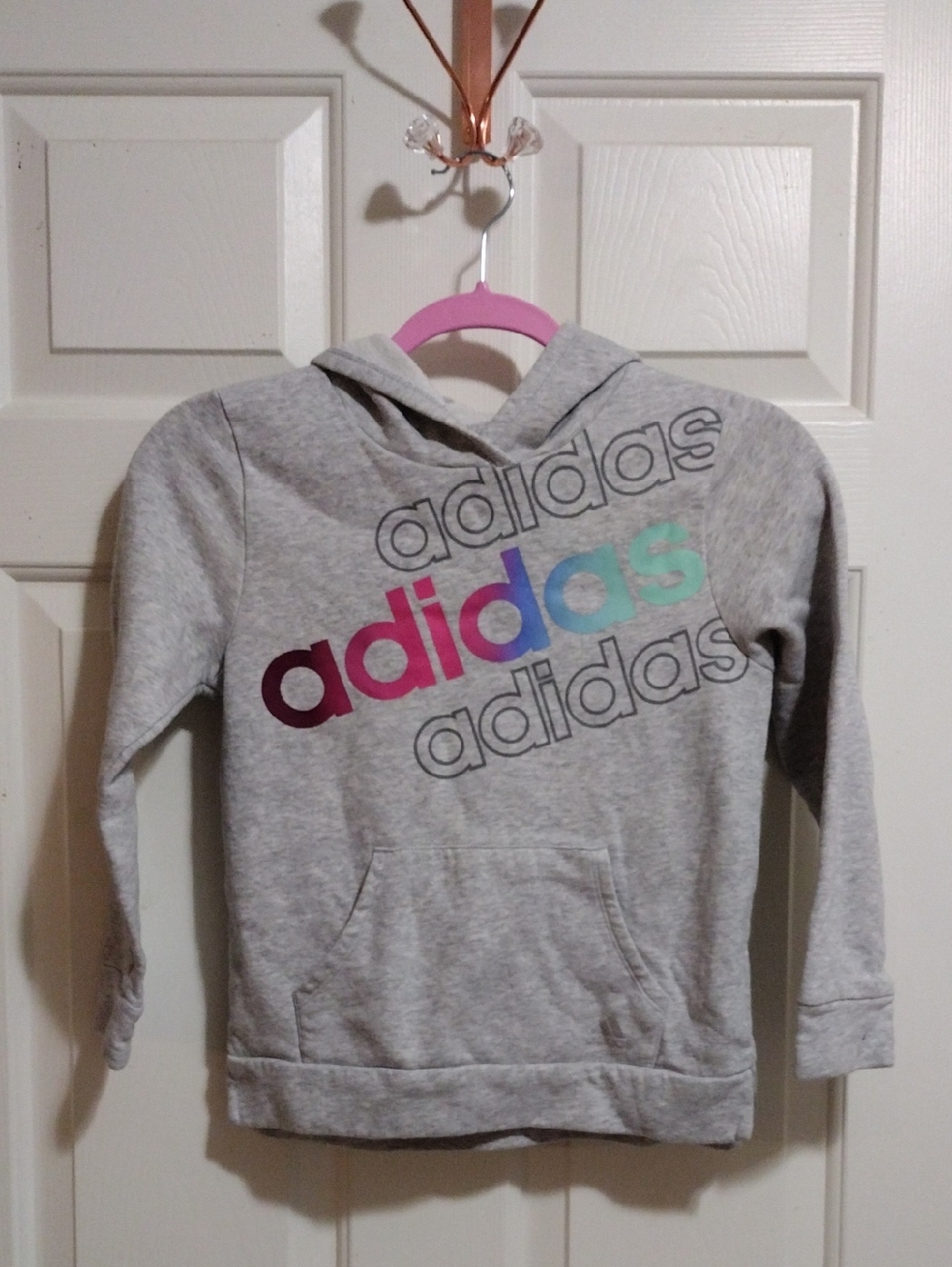 adidas Gray Kids Hoodie with Rainbow Gradient Logo Small 7/8